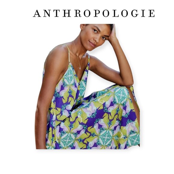 Anthropologie Purple Yellow **Seahorse Print Dress 1X** - Picture 1 of 12